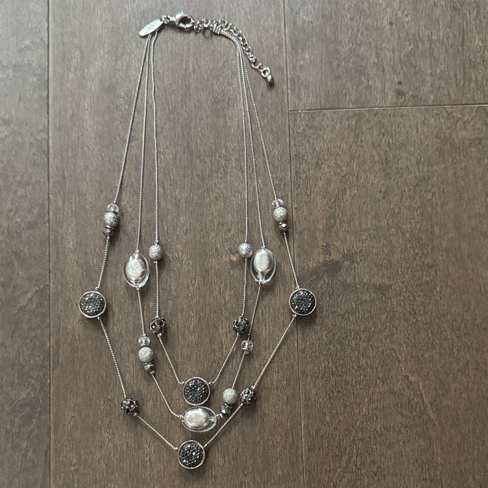 Silver Tone Multi-Strand Statement Necklace Black Crystal Beaded Layered